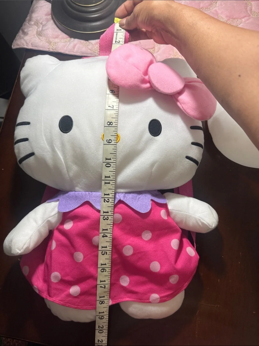Hello Kitty Pink Polka Dot Plush Backpack with Purple Collar and Pink Bow